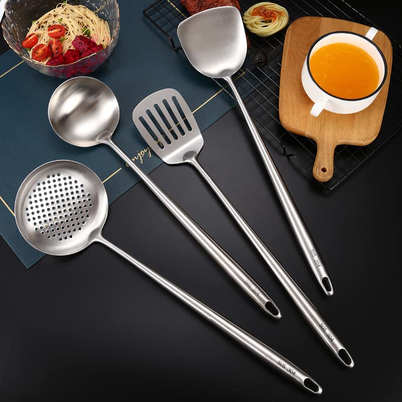 Utensilios de cocina Espátulas de acero inoxidable de 4 piezas Utensilios de cocina Espátula ancha de metal Utensilios de sartén hueca Gruesos y duraderos, herramientas de cocina fáciles de limpiar