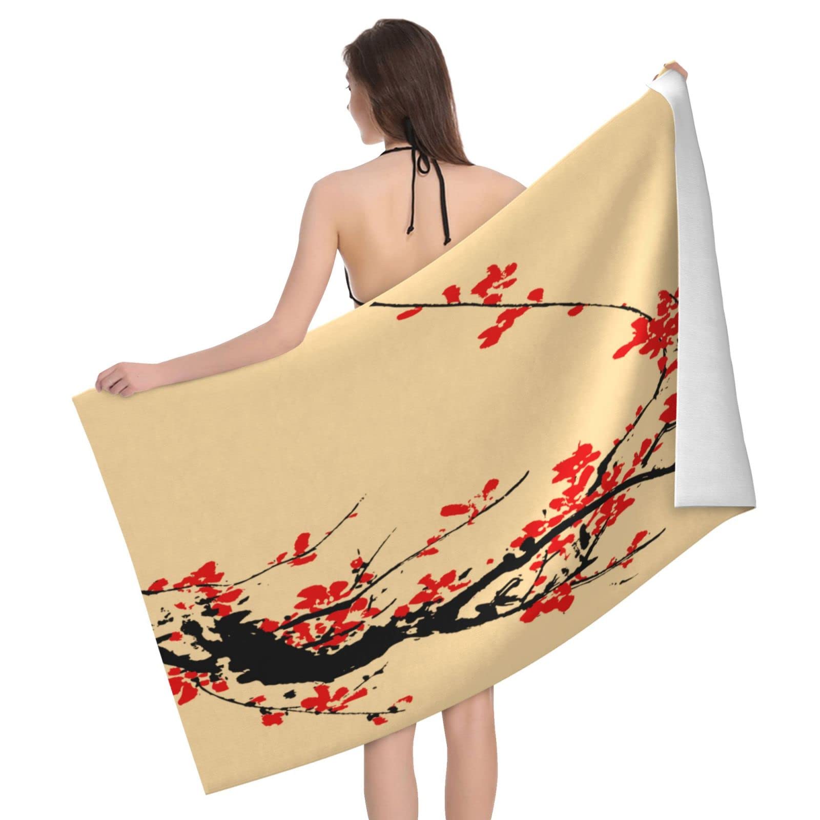 Lawenp Japanese Floral Cherry Blossom Beach Towel, Lightweight Sand Free Quick Dry Microfiber Absorbent Bath Towel for Kids, Adults, Swimming, Bath, Yoga, Pool, Travel, Camping 32"X52"