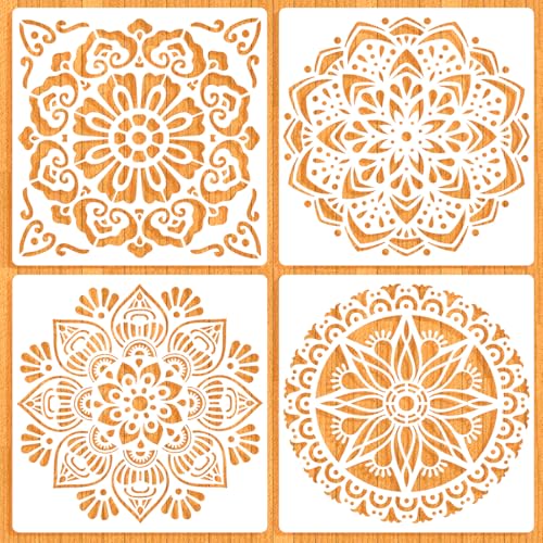 MWOOT 4 Piezas de Plantillas Grandes de Mandalas para Pintar, Diseños de Flores Mandala, Plantillas Reutilizables para Dibujar en Paredes, Piedras, Muebles y Azulejos, 30x30 CM