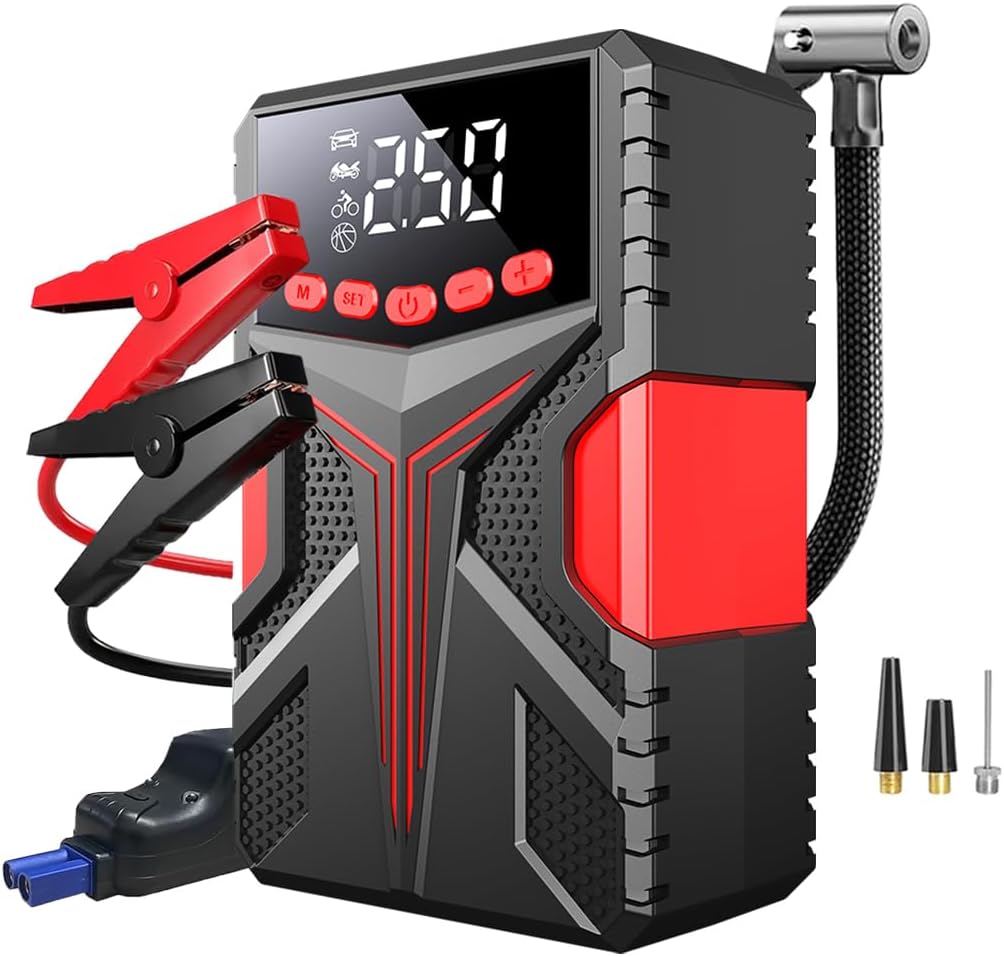 Car Jumper Starter Portable with 150PSI Air Compressor, Tire Inflator 3000A Battery Charger for 10.0L Gas/8.0L Diesel, Jump Box Pack with Storage Case and Jumper Cable