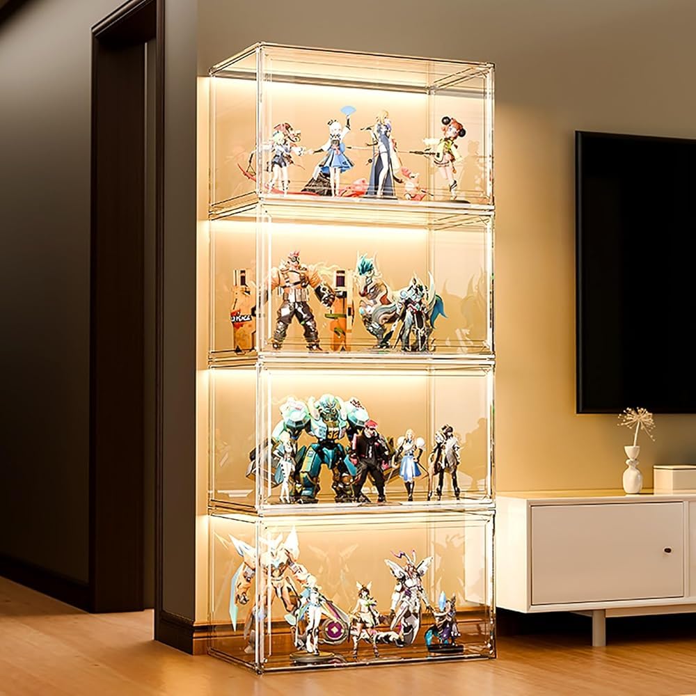 Vitrine Acrylique Avec Éclairage – Hauteur 10 à 60 Cm – Anti-poussière – Présentoir Collection – Meuble Rangement – USB
