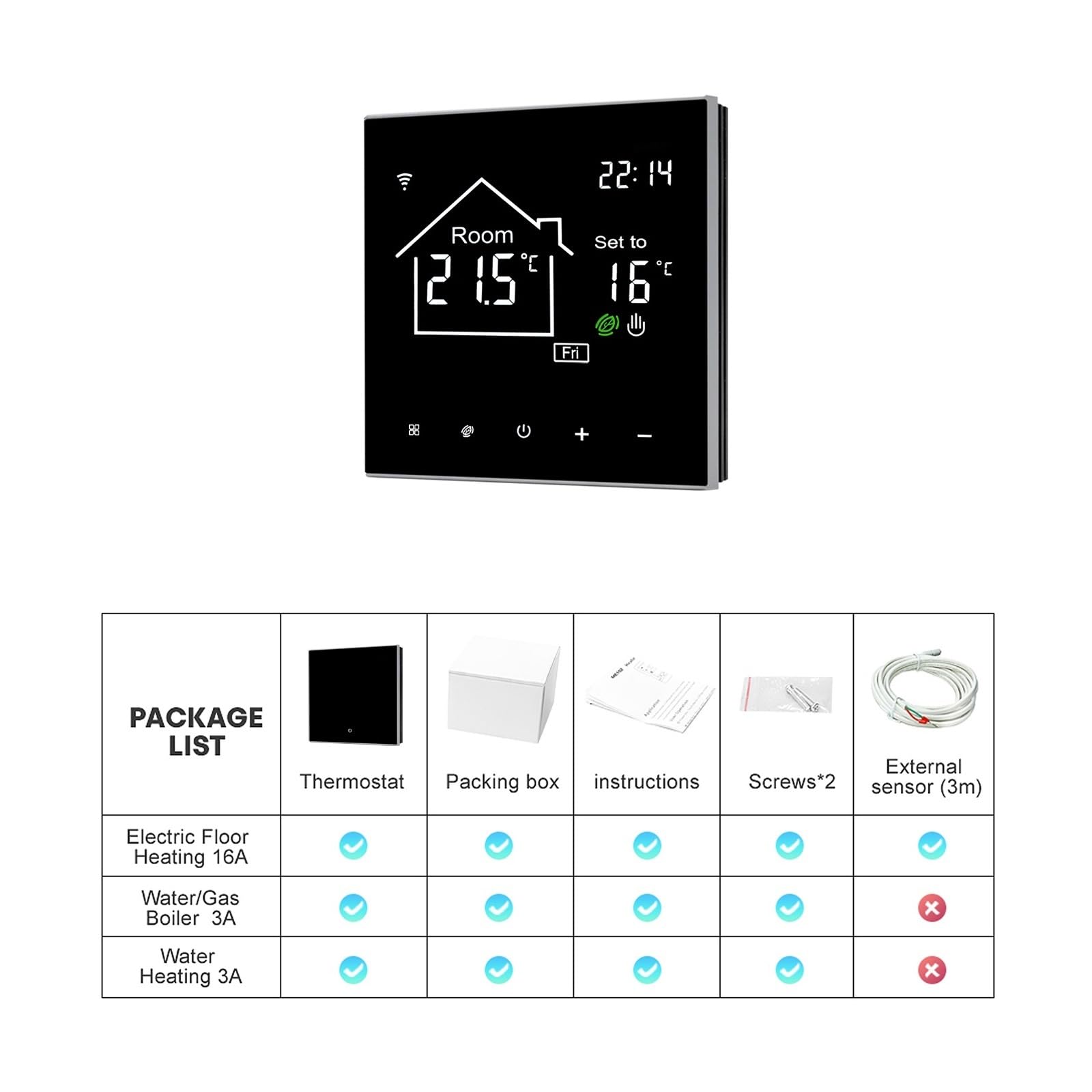 Termostat cyfrowy, Inteligentny termostat Tuya, ekran dotykowy wyświetlacza LCD do elektrycznego ogrzewania podłogowego pilot wody/kocioł gazowy(NO WiFi 16A Heating)