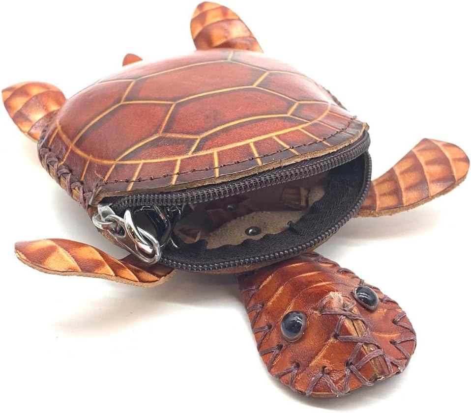 Handmade Vintage Genuine Brown Leather 3D Turtle Money Coin Purse With Removable Wrist Strap