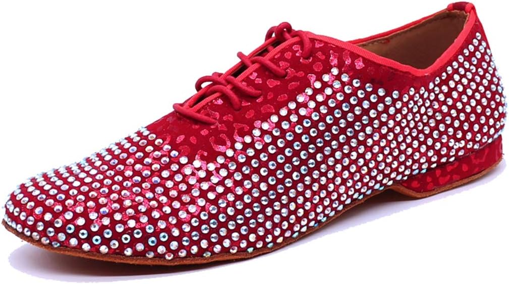 TDA Men's Comfort Standard Low Heel Soft Outsole Red Satin Studded Rhinestones Tango Ballroom Salsa Chacha Character Latin Modern Dance Shoes 9 M US