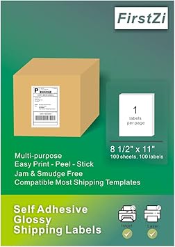 FirstZi 100 Full Sheet Glossy Shipping Sticker Paper 8.5x11 Inches Self  Adhesive Photo Labels for Laser and Inkjet Printers