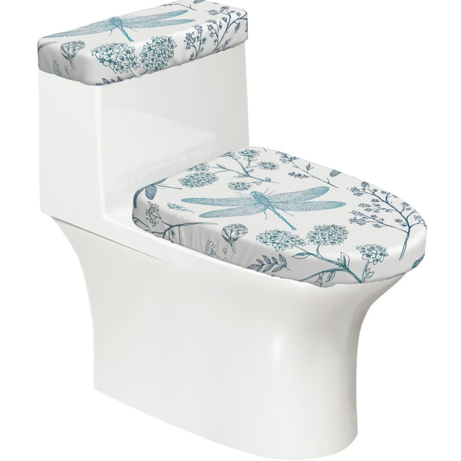 Dragonfly Print 2-Piece Stretch Toilet Cover Set, Elastic Breathable Toilet Seat and Tank Lid Protector