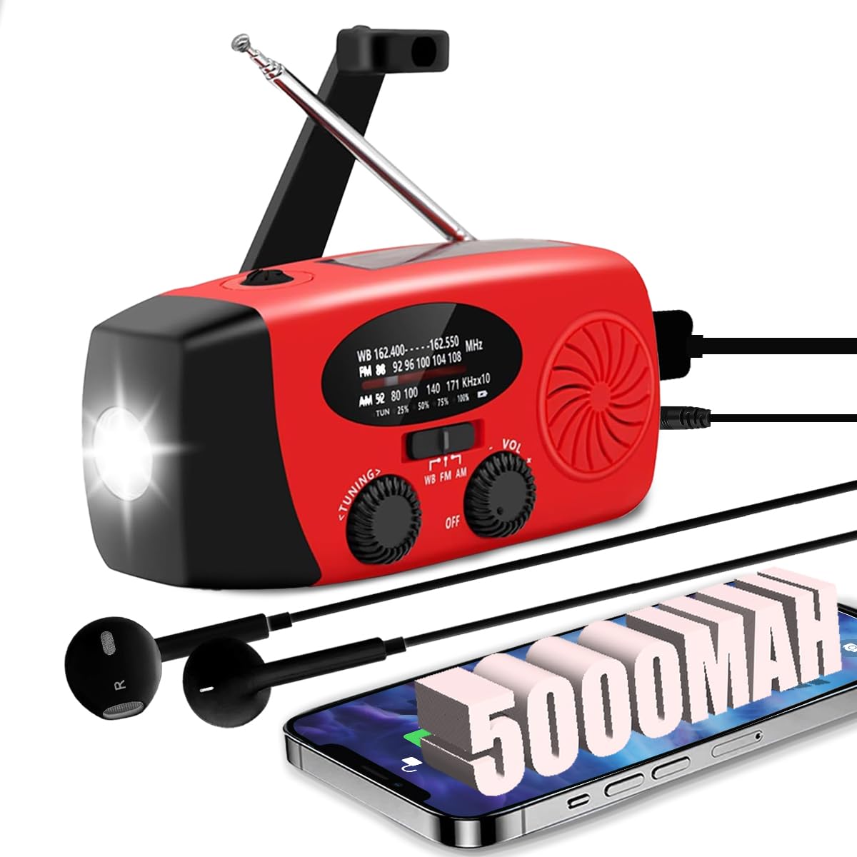 Lanshanchu【2024 Newest】 5000mAh Emergency Weather Radio, AM/FM/NOAA Hand Crank Solar Powered Radio, Emergency Phone Charger, 1W 4 Modes Flashlight, SOS Alarm, Earphone Jack, for Emergency