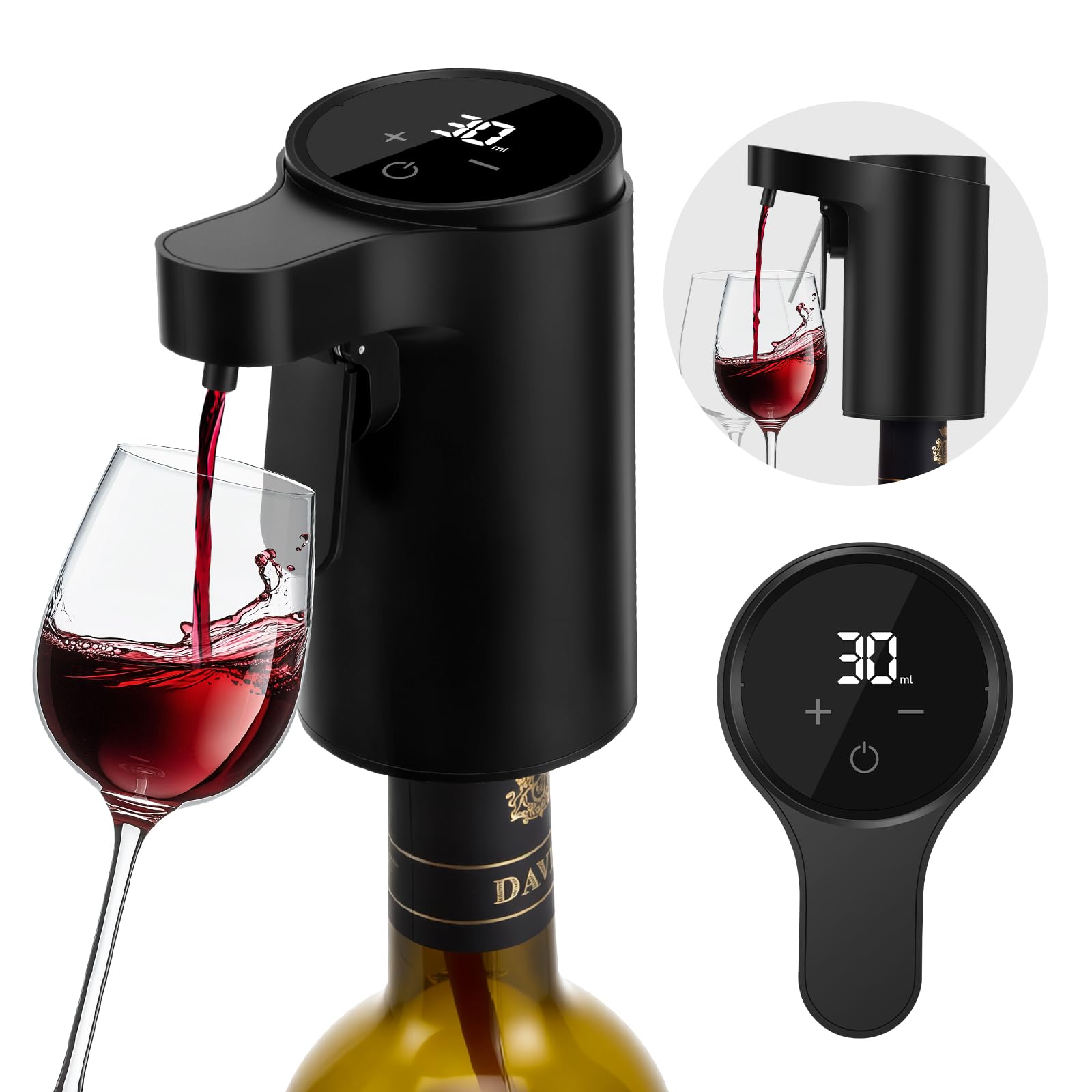 PAHTTO Decantador de vino eléctrico, aireador de vino, bomba de licor de whisky con una sola mano, dispensador, vertedor, regalo de cumpleaños ideal para familiares y amigos (negro)