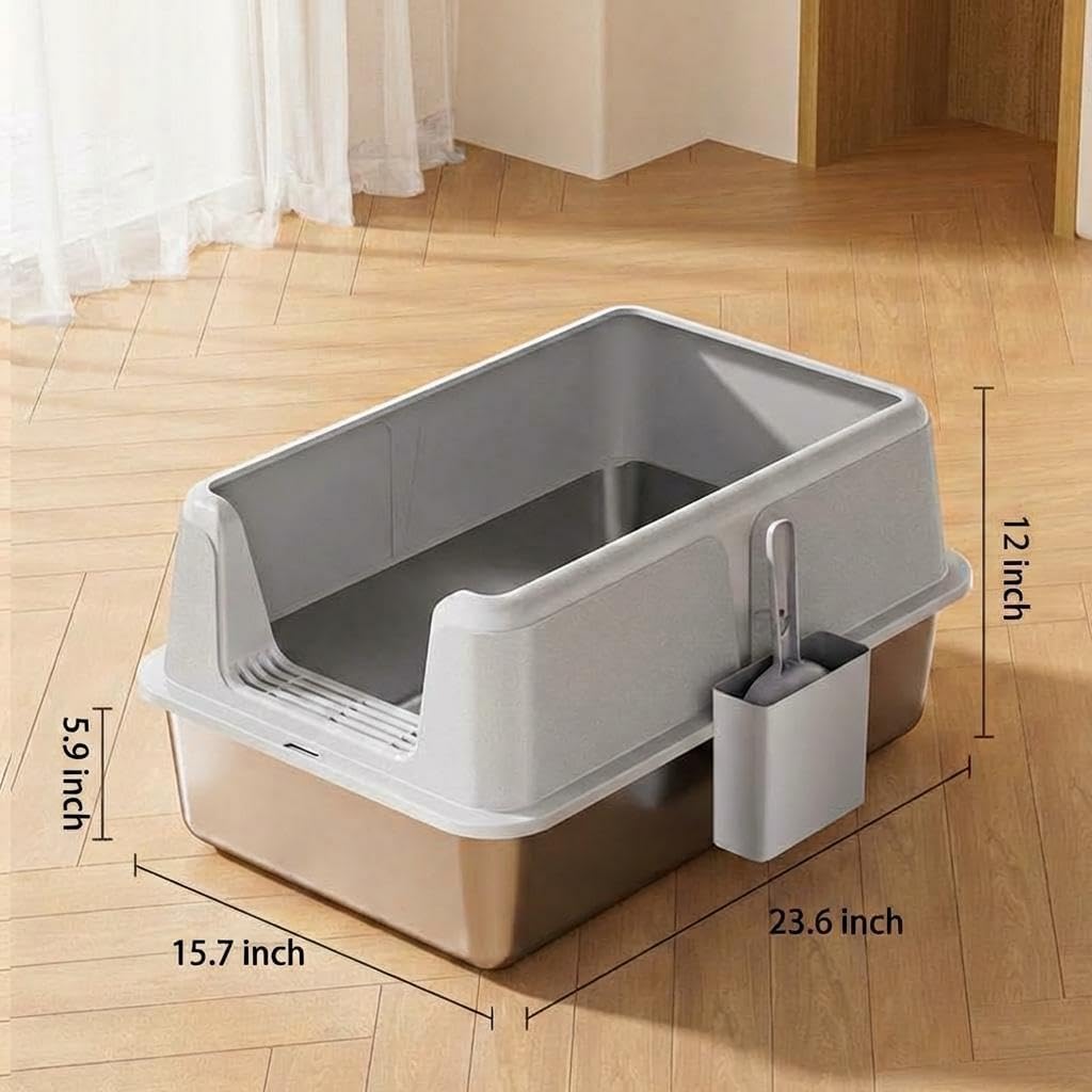 Stainless Steel Cat Litter Box, XL Enclosed Metal Litter Box with Lid & Side Litters Filter, Anti-Leak Non-Stick Design, Includes Scoop for Large Cats 6'' Deep Grey