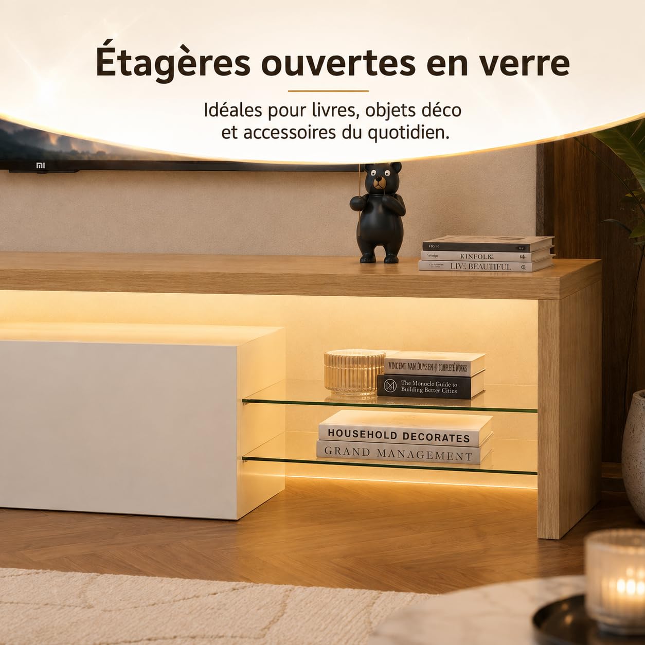 Mueble de TV moderno con luces LED variables, mueble de TV con 3 puertas y estantes de cristal, marco de madera, mesa de TV para salón (blanco, 200 x 39 x 42)