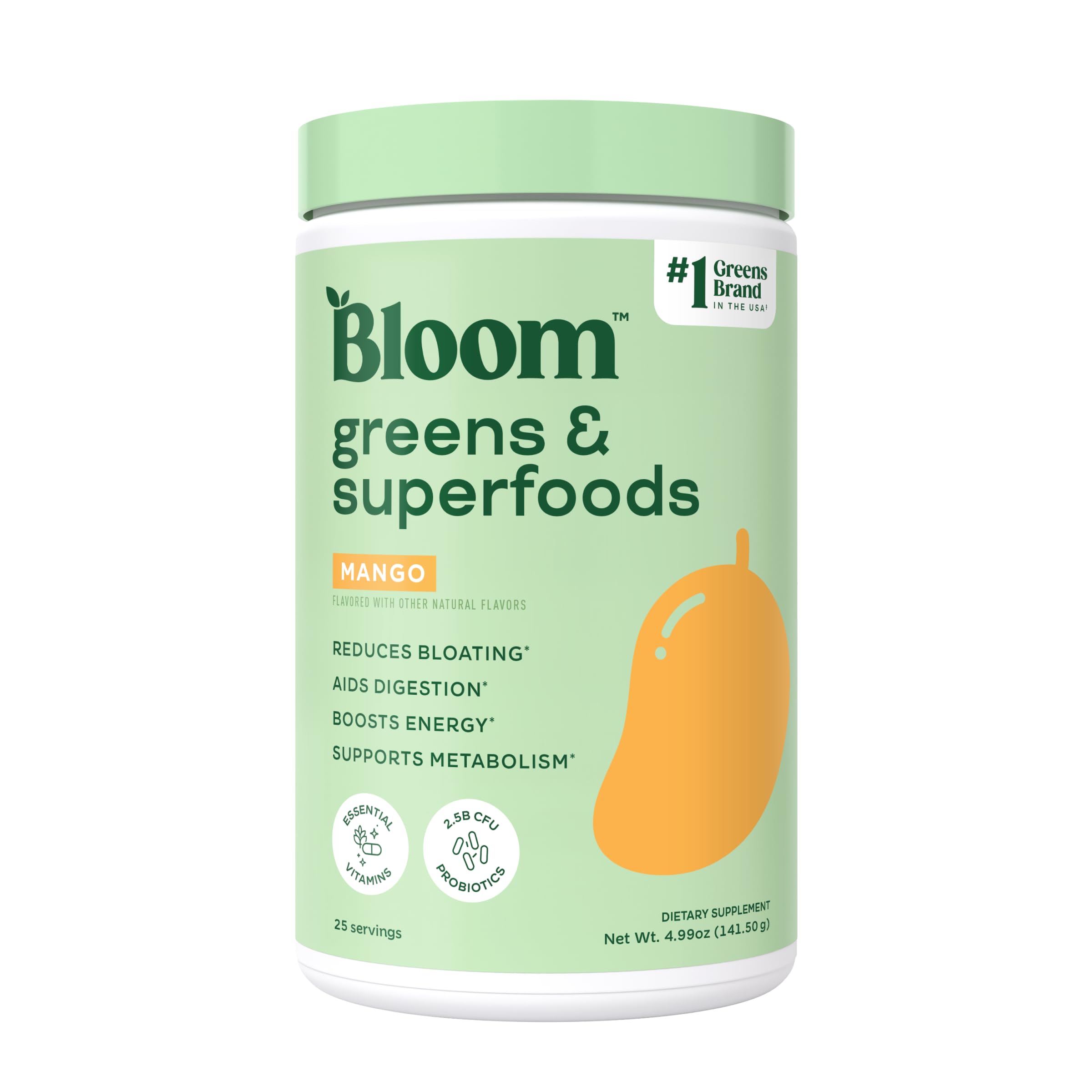 Superfood Greens Powder, Digestive Enzymes with Probiotics and Prebiotics, Gut Health, Bloating Relief for Women, Chlorella, Green Juice Mix with Beet Root Powder, 25 SVG, Mango
