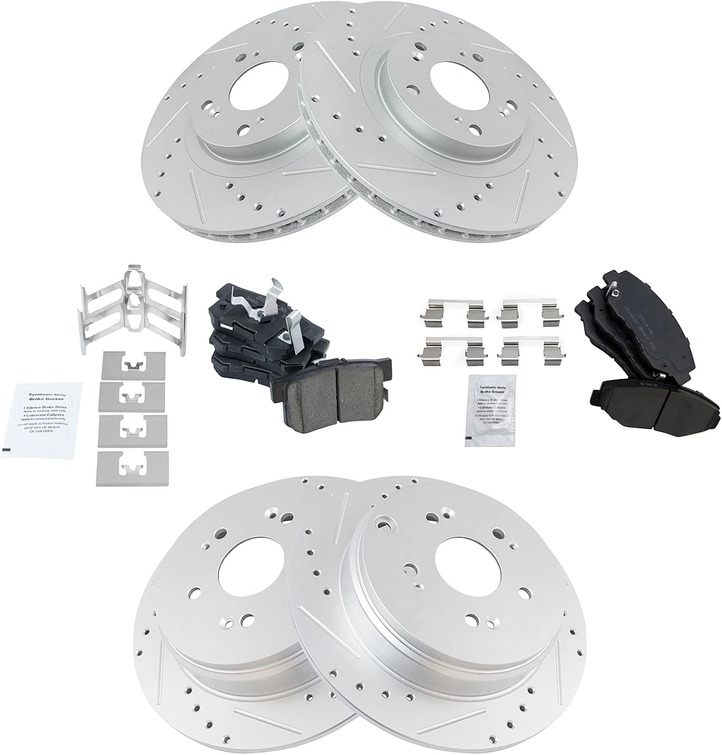 TRQ Front and Rear Brake Pad and Rotor Set Ceramic Coated Drilled Slotted Vented Solid Compatible with 2005-2006 Honda CR-V