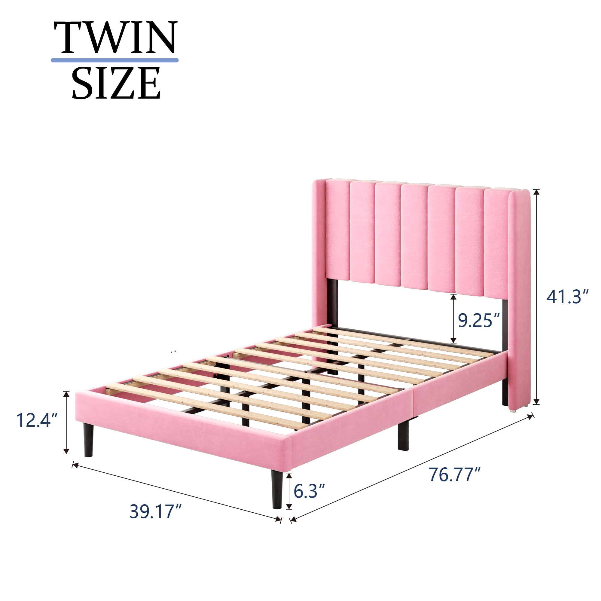 Gruwans Twin Size Bed Frames with Wingback Headboard Easy Assemnly Platform Bedframe, Sturdy Wooden Slat Support No Box Spring Needed, Pink Velvet
