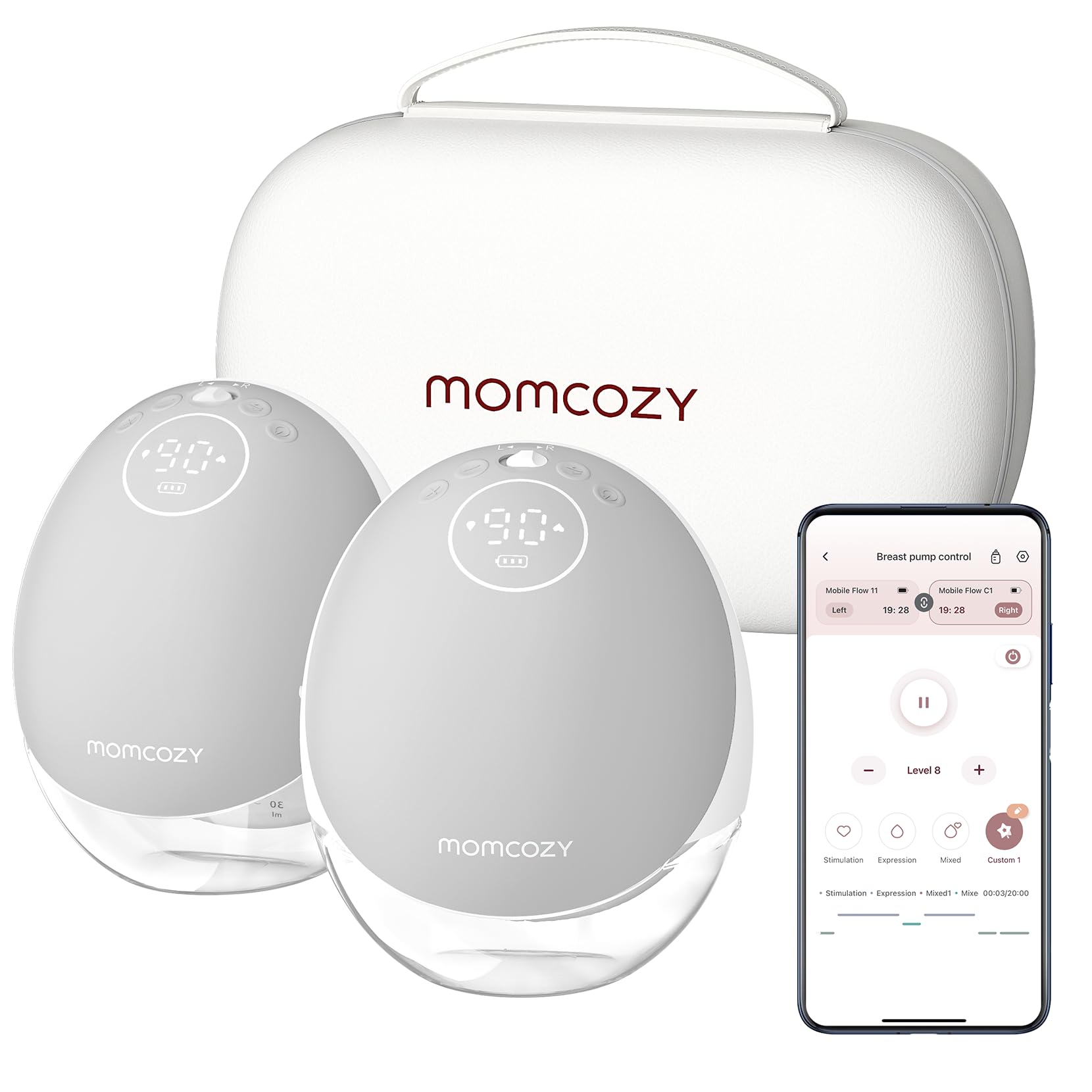 Momcozy Tire Lait Electrique Main Libre Nomade, Mobile Flow | M9 Amélioré, Contrôle par Application avec Modes Personnalisés et 15 Niveaux, Double Scellé 24mm (2, Gris)