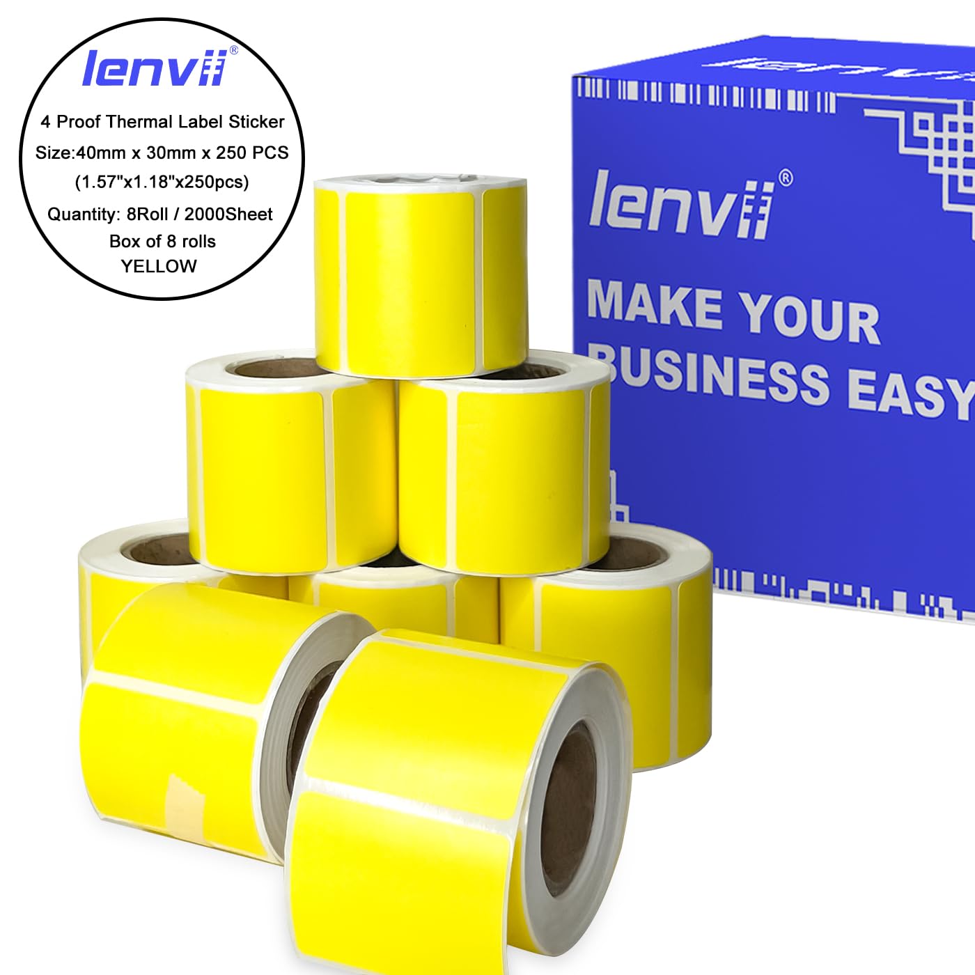 LENVII Yellow 1.57" x 1.18" Thermal Labels Stickers 2000 Sheets-8 Rolls × 250 Label,Tear/Water/Oil/Scratch Resistant Multi-Purpose Adhesive Sticker for Barcode,Home,Office,Logo,Product/Gift Labeling