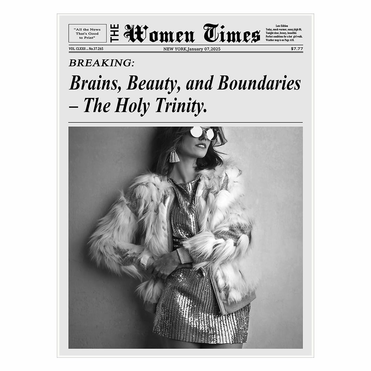 Brains, Beauty, and Boundaries The Holy Trinity Vintage New York Newspaper Wall Art Preppy Black And White Aesthetic Print Posters for Confident Women’s Room Decor 11x14in Unframed
