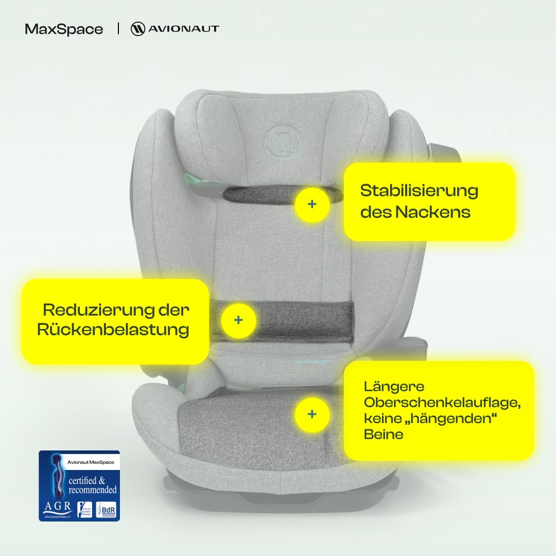 Kindersitz 15-36 kg Avionaut MaxSpace Smart Comfort System+ ergonomisch, sicher & bequem – mit verstellbarer Rückenlehne – ideal zum Schlafen und für lange Autofahrten (Grey)