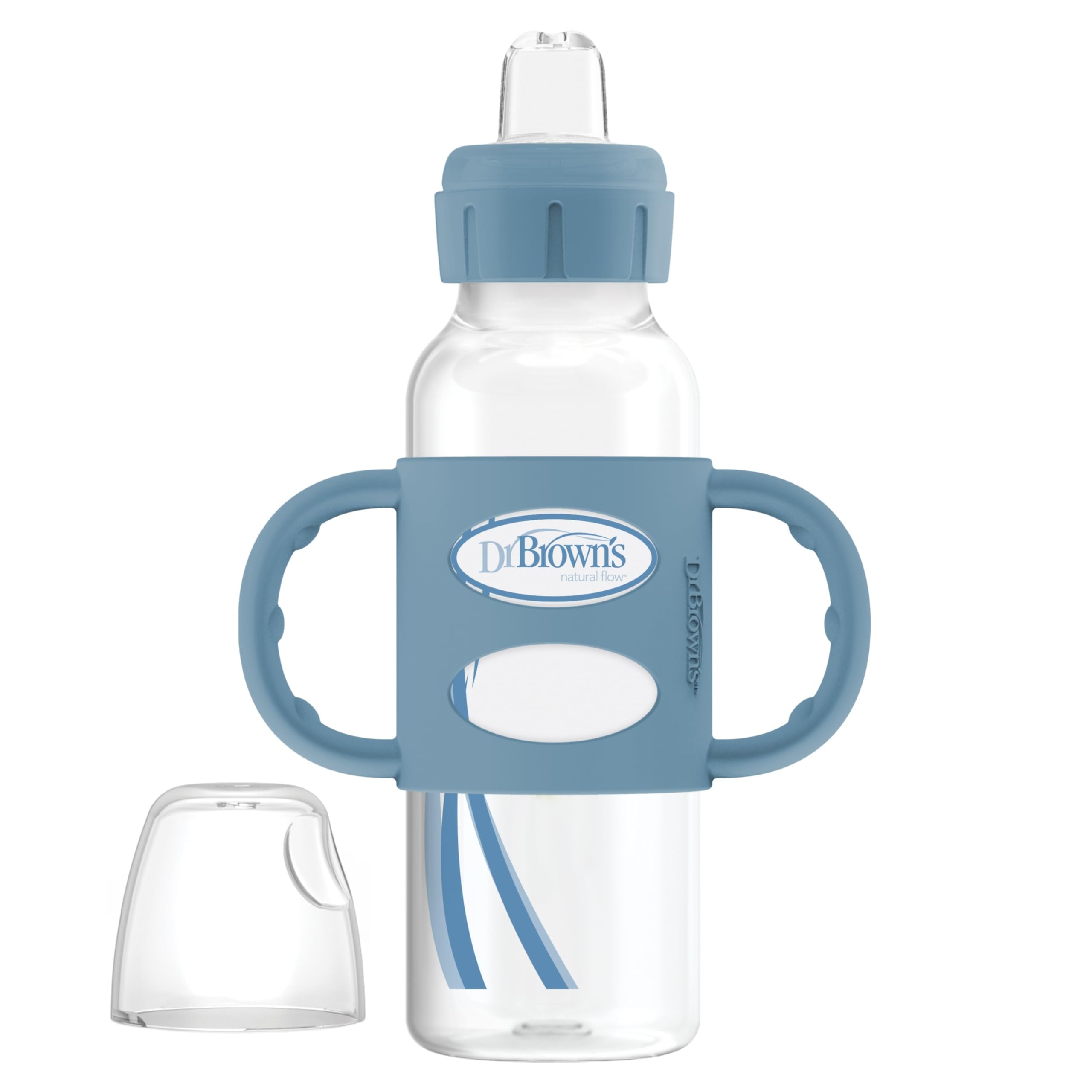 Dr. Brown’s Milestones Narrow Transitional Sippy Bottle with Silicone Handles 8oz 250mL Blue 1-Pack