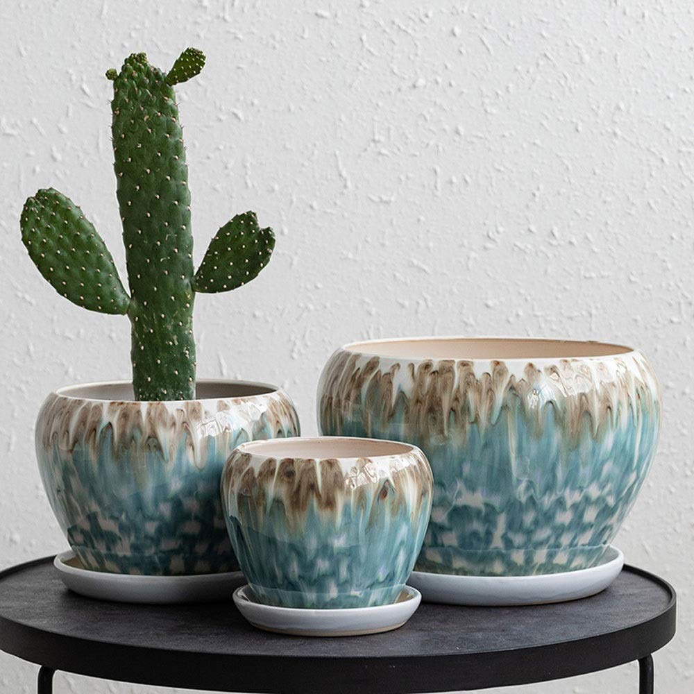 Ceramiczna doniczka na kwiaty Bardzo duża zielona okrągła donica na biurko w stylu chińskim Oddychająca doniczka na orchideę Szkliwiona ze spodkiem Okrągła terakota z tacą ociekową, styl 1-L, styl 3 l