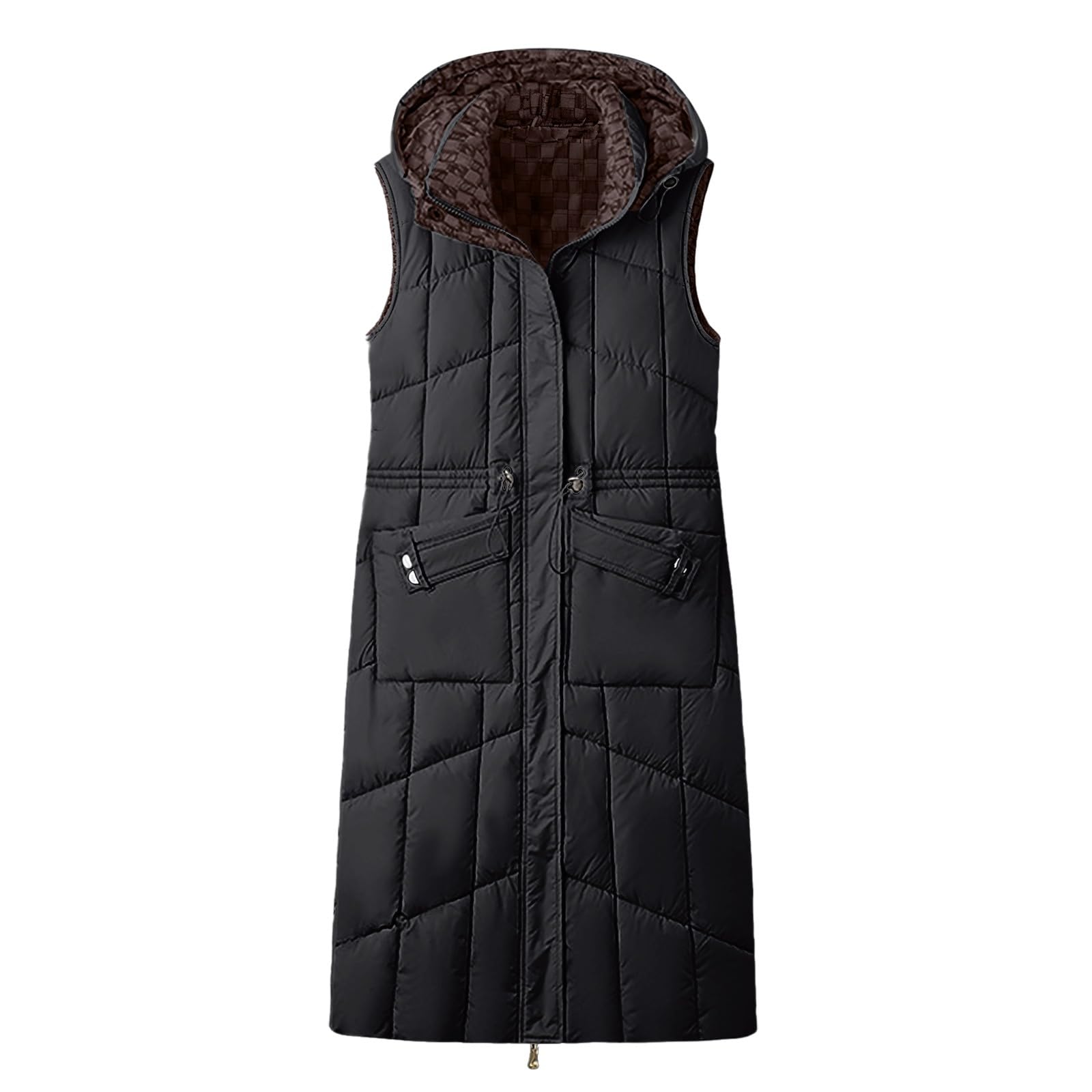 acolchado largo para mujer con cordón en la cintura, chaqueta sin mangas con capucha para un invierno cálido y elegante.
