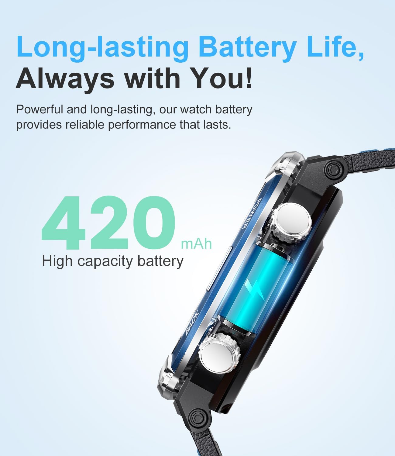 Close-up of LIGE Smartwatch showing battery icon and 420mAh capacity.