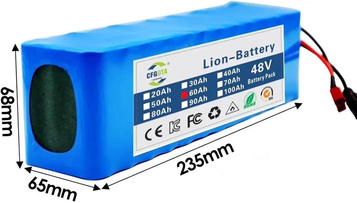 Batería de iones de litio de 48 V para bicicleta eléctrica, 20 Ah, 60 Ah, 90 Ah, 100 Ah, batería para bicicleta eléctrica y patinete con cargador para motores de 1000 W, 750 W y 500 W. 48V 100Ah,T+DC