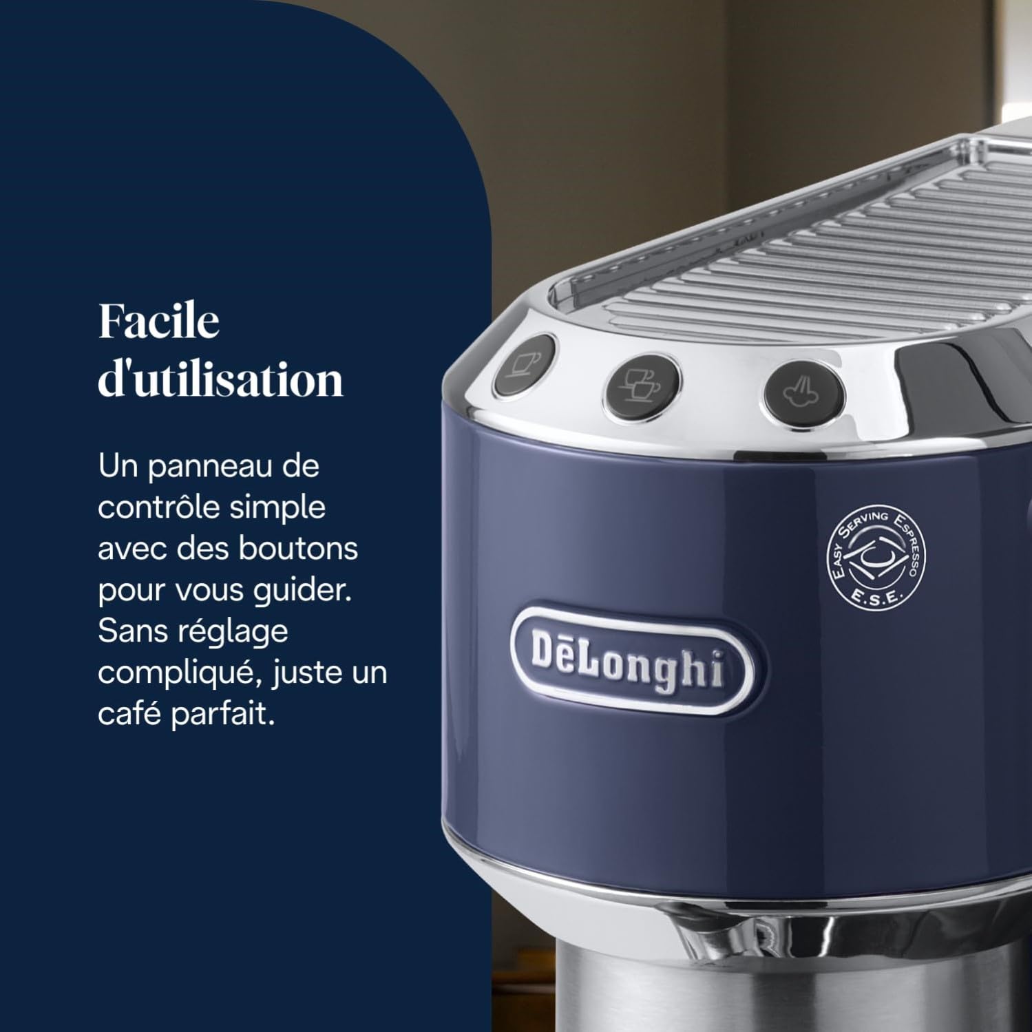 De’Longhi Dedica Style - Perfetto Machine à Expresso Compacte, Mousseur de Lait Manuel pour Expresso et Cappuccino, Compatible Dosettes ESE, Panneau de Commande à Boutons,Largeur 15cm,Bleue(EC685.BL)