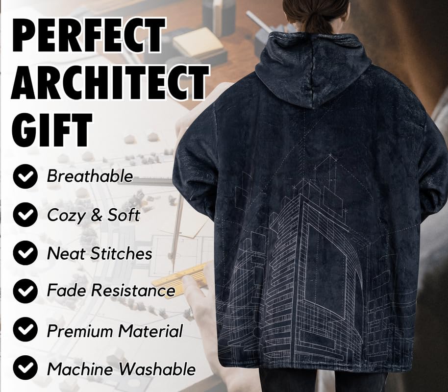 Architect Gifts, Wearable Flannel Architect Blanket Hoodie, Super Soft Warm Cozy with Giant Pocket, Funny Gifts on Birthday and Christmas - One Size Fits Most