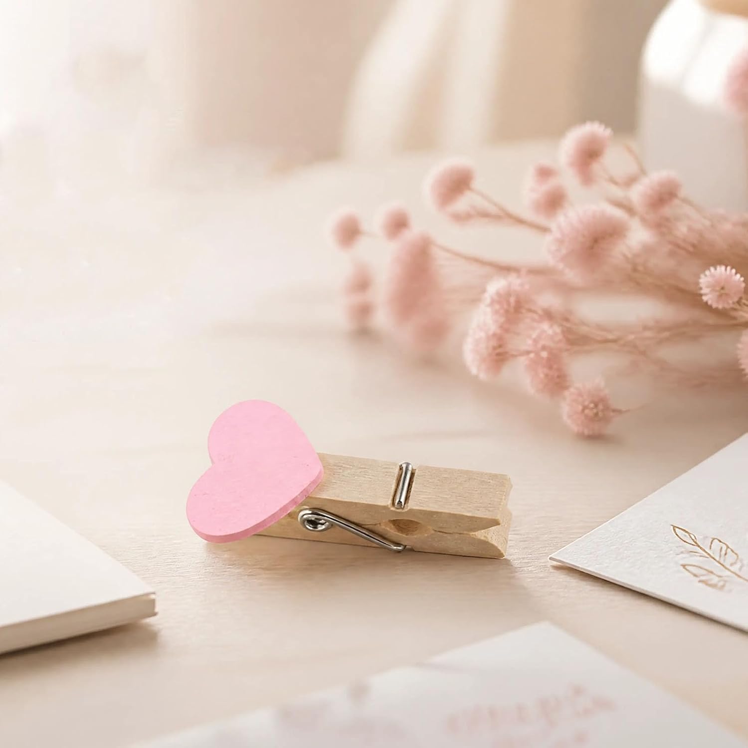 Coshar Heart Shape Clothespins Mini Wooden Clothes Pins Multipurpose Craft Clips (Pink)