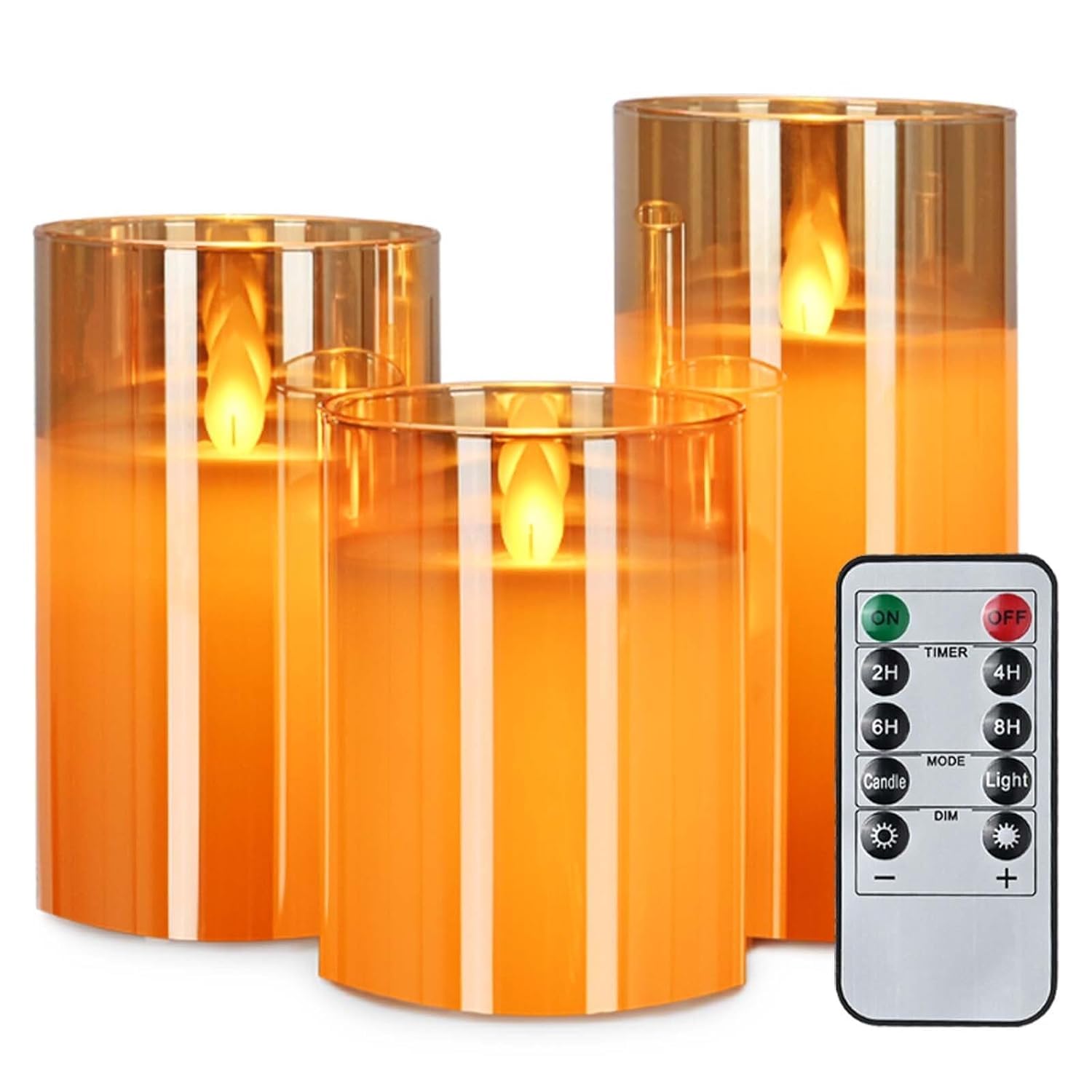 LTETTES Real Wax LED Glass Pillar Flameless Candles | Faux Dancing Wick | Amber Gold Glass | Battery Powered with Multifunctional Remote Controller for Home Decor | Set of 3 (H-4",5",6" x D-3")