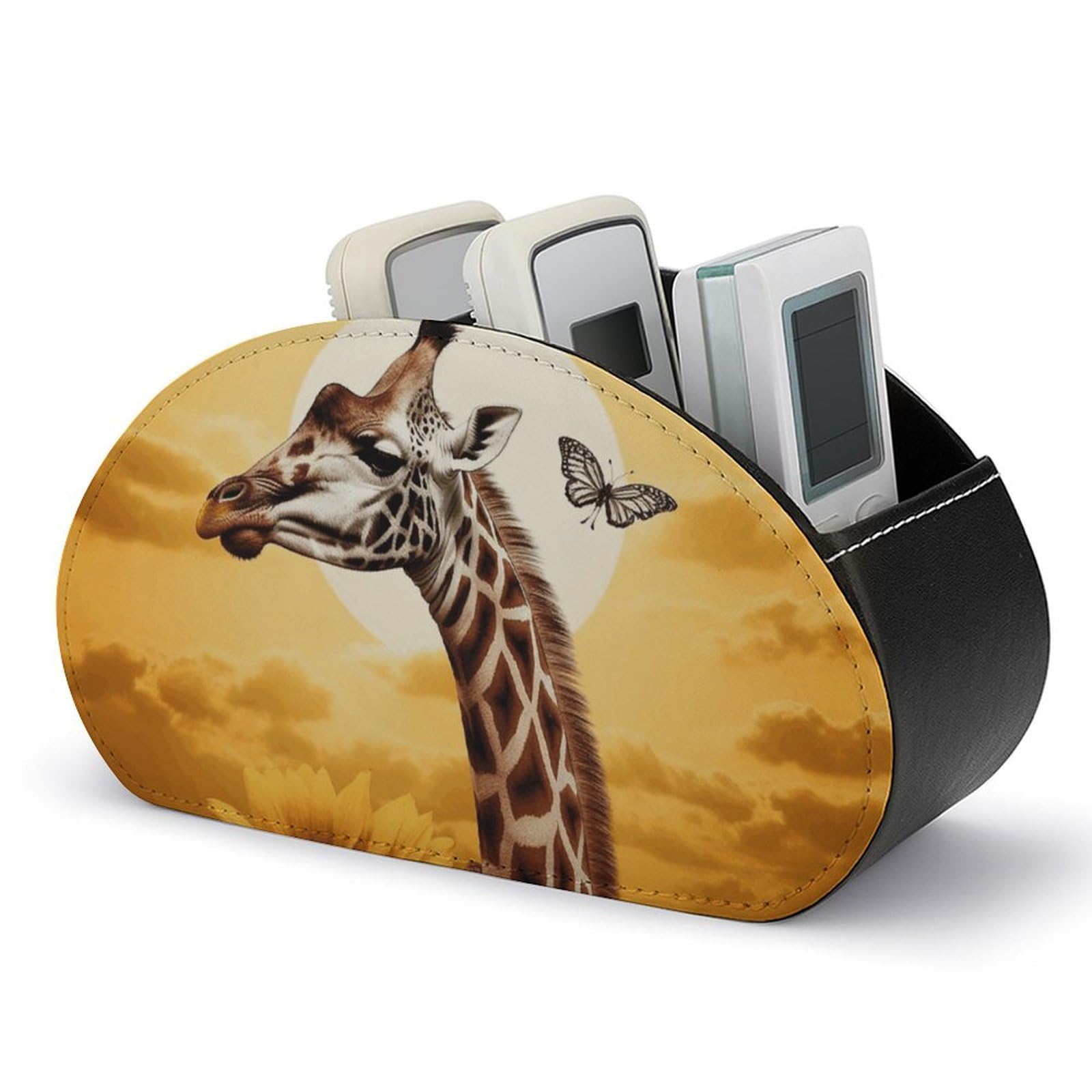 DWVTSLH Giraffe And Sunflower Remote Control Holder with 5 Compartments - PU Leather TV Remote Holder Remote Caddy Desktop Organizer Makeup Brush Holder, Remote Storage Box for Home Office