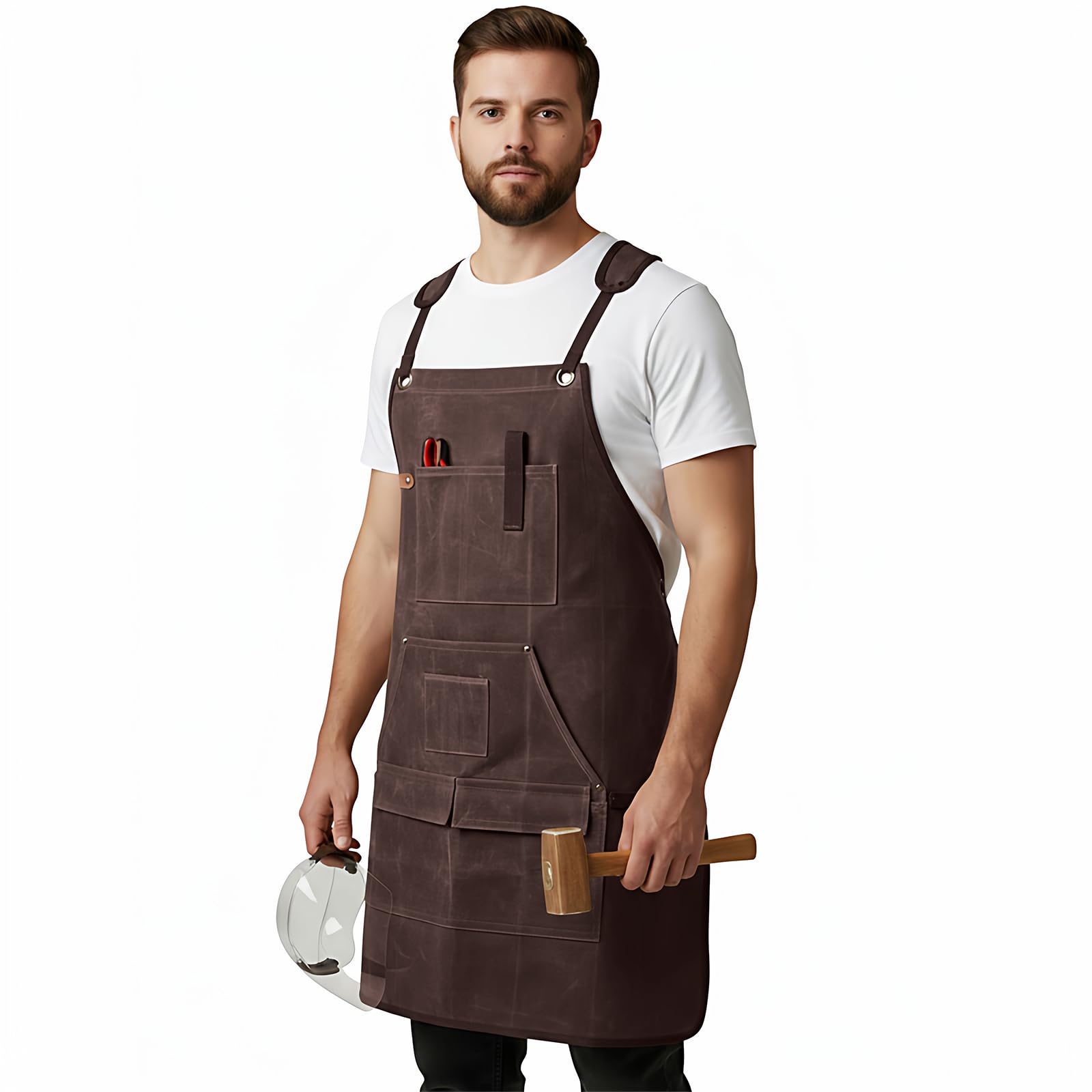 Sneulletoys Welding Tools Apron for Men,Heavy Duty Waxed Canvas Workshop Apron for Carpenters,Woodworking with Multi-Functional Pockets,Adjustable Gardening Cross Back Apron for M-XXL (coffee)