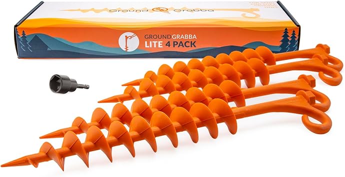 GroundGrabba Lite - Orange-Tent Stakes - 4 Piece Tent Stakes for Sand |Screw in Earth Ground Anchors for Maximum Grip and Longevity in Soft Surfaces | Includes 3/4 Hex Head