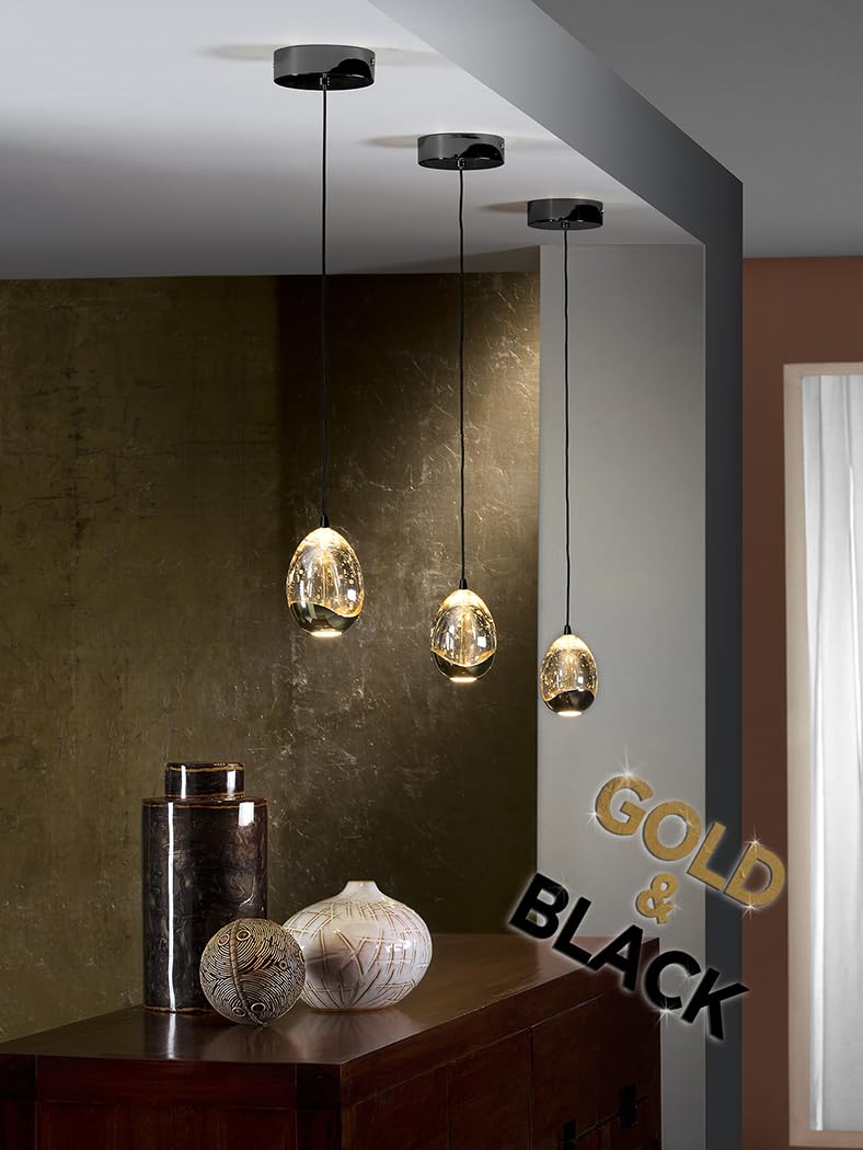 Lámpara de 1 luz LED, modelo R1, realizada en metal, acabado negro mate y oro brillo. Tulipa con forma de gota
