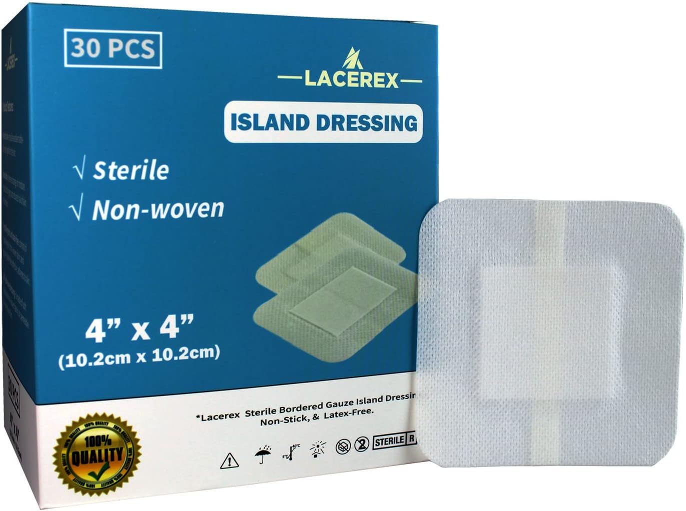 Adhesive Island Dressing, Advanced Wound Dressing, Lacerex Sterile Bordered, Non-Woven Gauze Bandage, Non-Stick, Latex-Free, 4"x4", 30 Pack