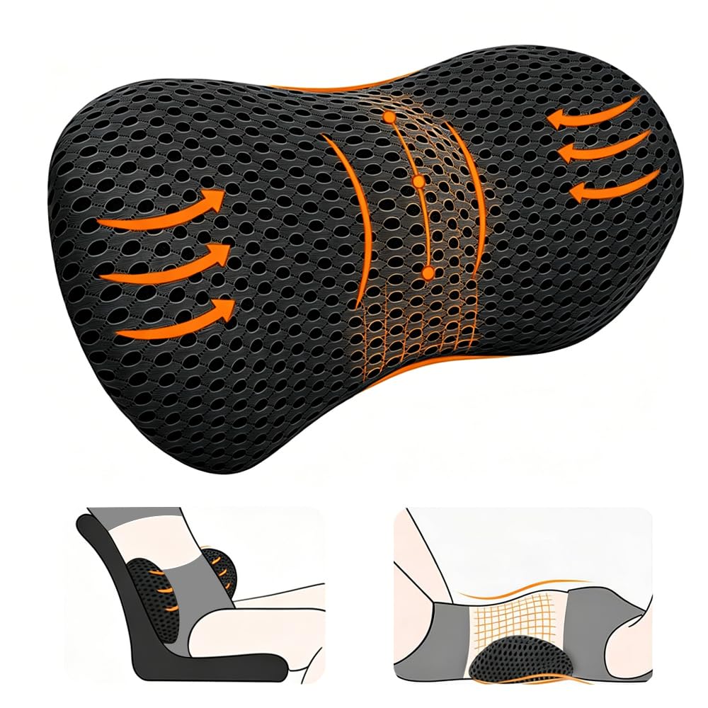 Jonuin Lumbar Support Pillow for Lower Back Pain Relief, Breathable 3D Mesh Back Support Cushion, Lumbar Support Cushion, Ergonomic Waist Support Pad for Office Chair, Driving, Travel (Black)