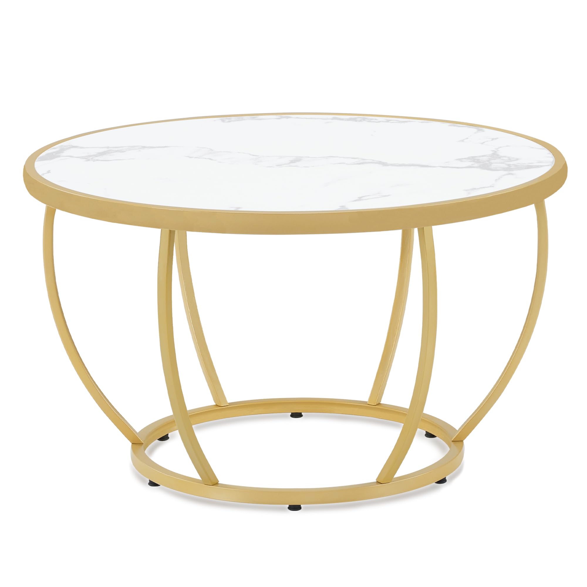 Barberpub Tavolino rotondo in legno, moderno tavolino in metallo, tavolino da caffè per soggiorno, salone di bellezza, tavolo da soggiorno in marmo, bianco, oro, 80 x 80 x 46,5 cm, 2185