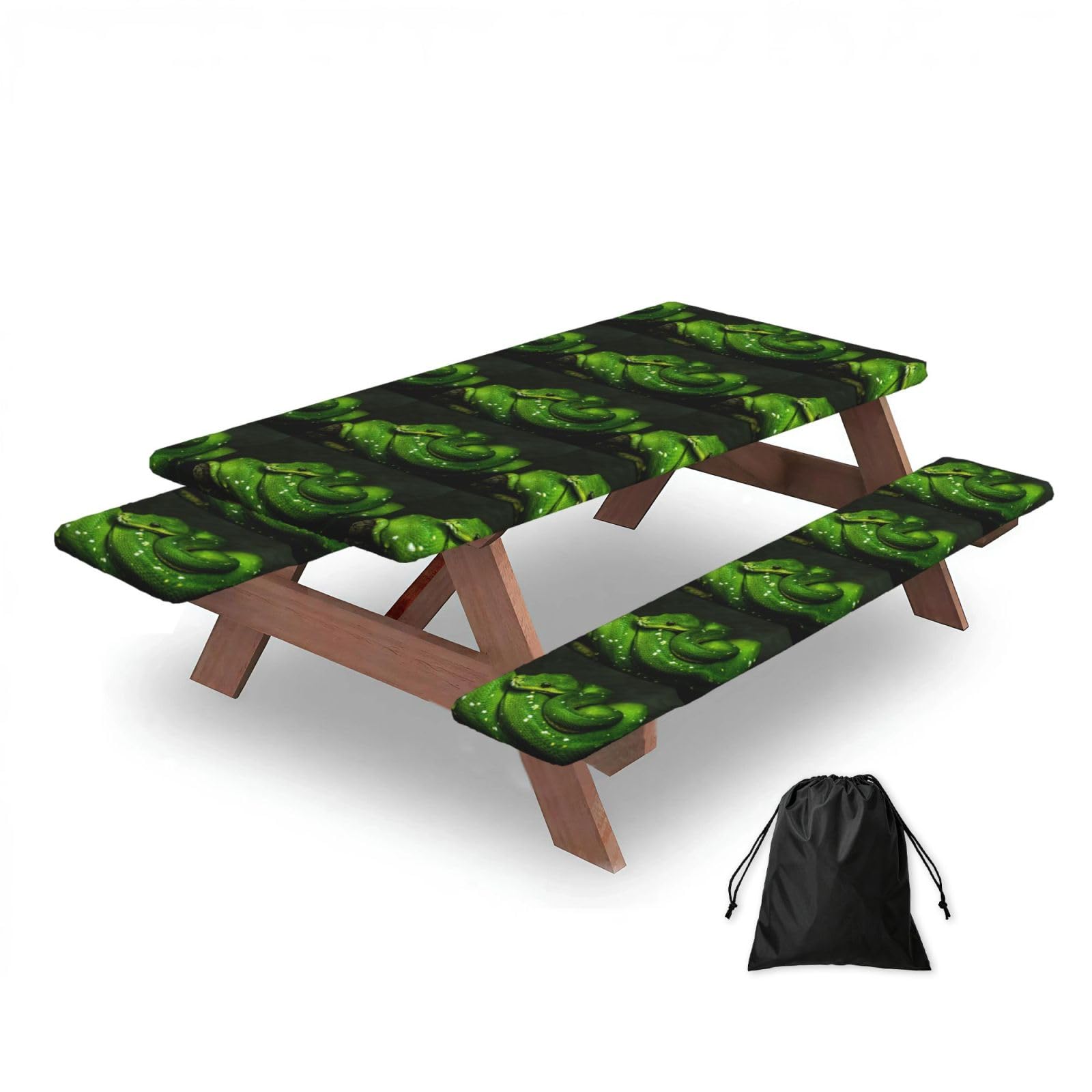 Snake Green Reptile, Picnic Table Cover With Bench Covers -Waterproof Elastic Fitted Tablecloth for Garden Camping Patio 76x152cm