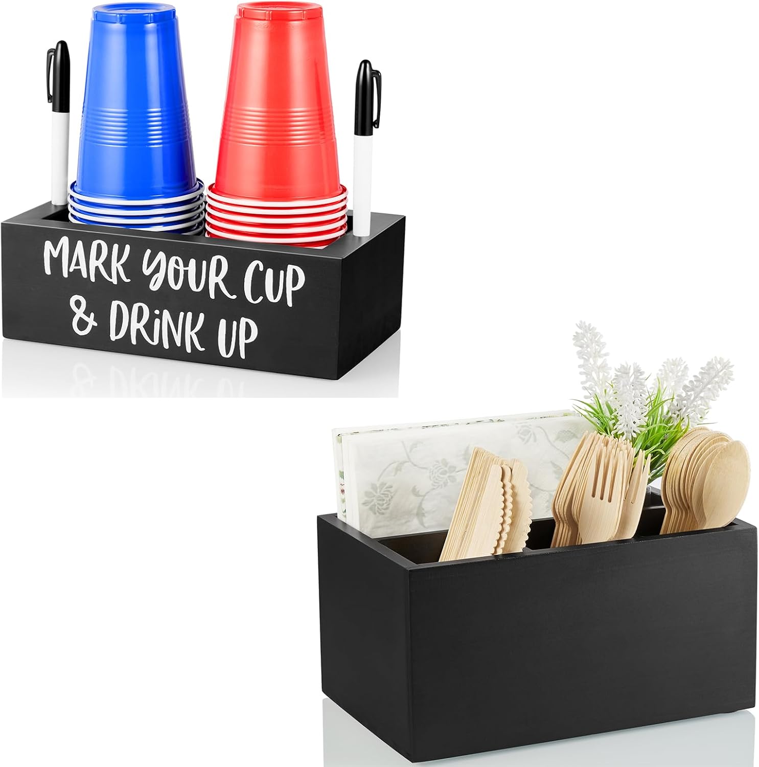 DRASTAR Silverware Caddy, Wooden Silverware Holder & Double Cup Holder, Wood Cup Dispenser with Marker Slot & 2 Marker
