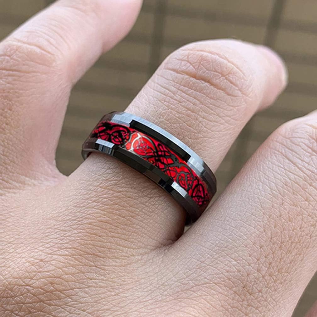 Men's Celtic Dragon Ring 8MM Silver/Black/Blue/Red/Gold Carbon Fiber Stainless Steel Wedding Band for Men Women Engagement Bands High Polished Beveled Edges Promise Rings Comfort Fit Size 5-13 - Image 6