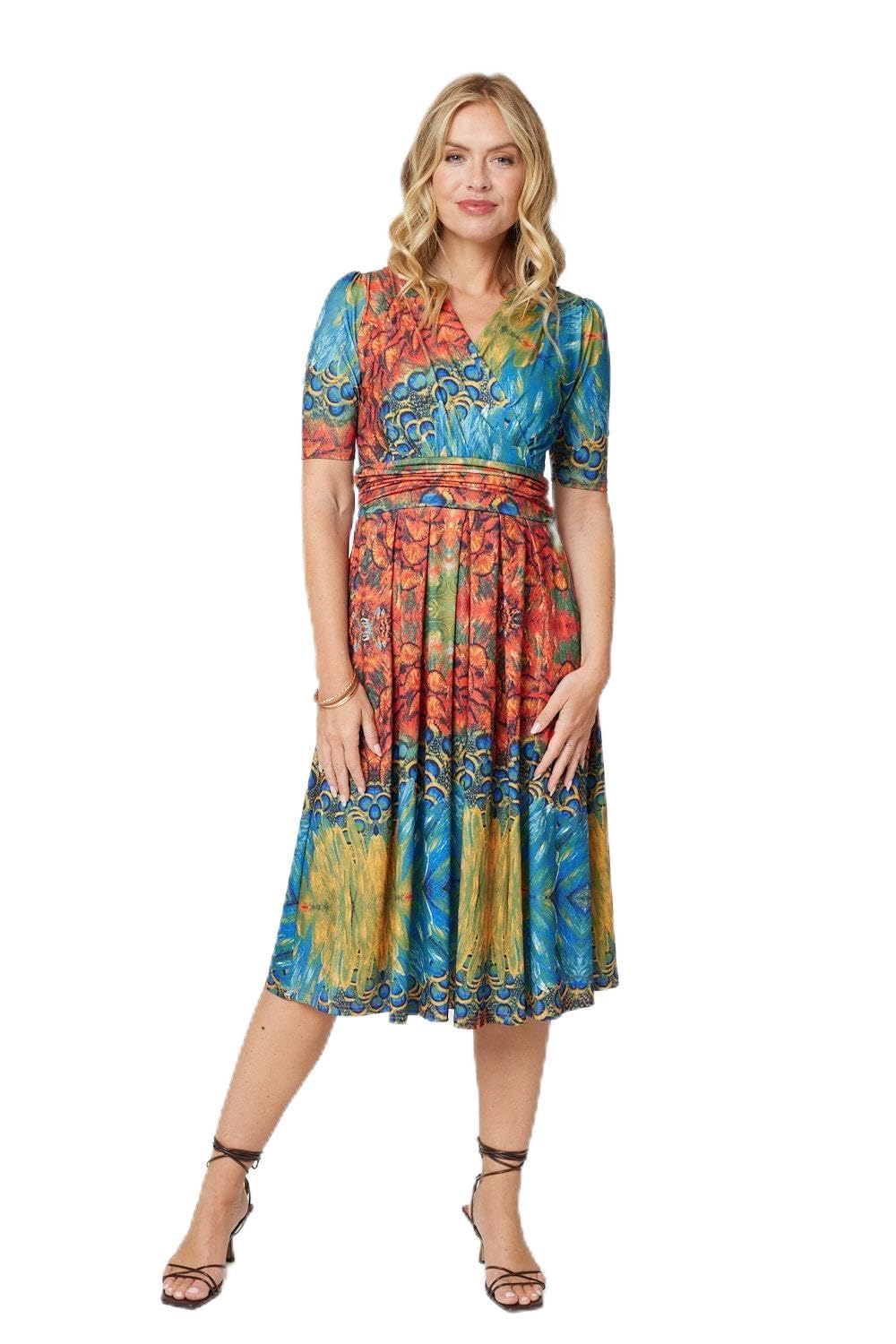Izabel London Blue Printed Ruched Waist Faux Wrap Midi Dress - 16
