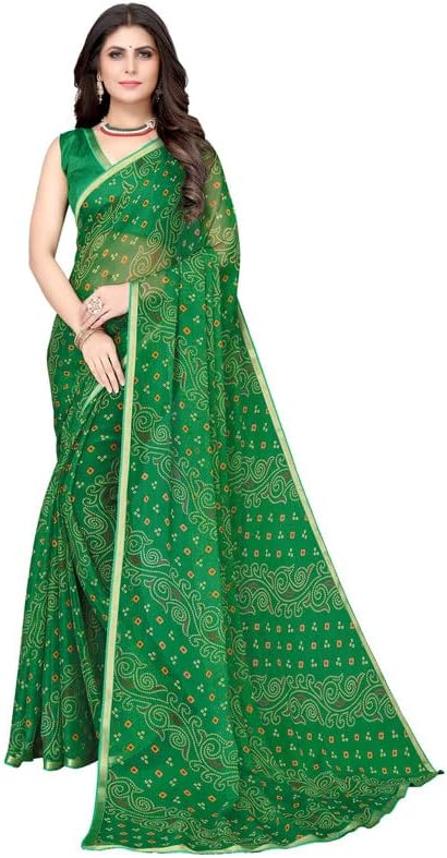 Satrani Women'S Bandhani Printed Chiffon Saree With Unstitched Blouse Piece