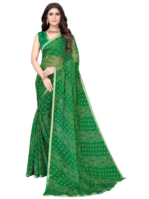 Satrani Women'S Bandhani Printed Chiffon Saree With Unstitched Blouse Piece