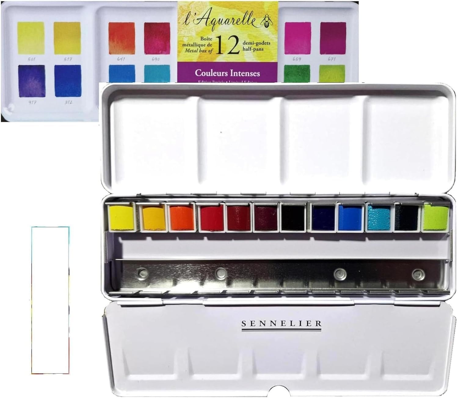 Sennelier Aquarelle Extra-Fines, sélection couleurs intenses - Paysage, 12 demi-godets Boîte en métal et 1 carte