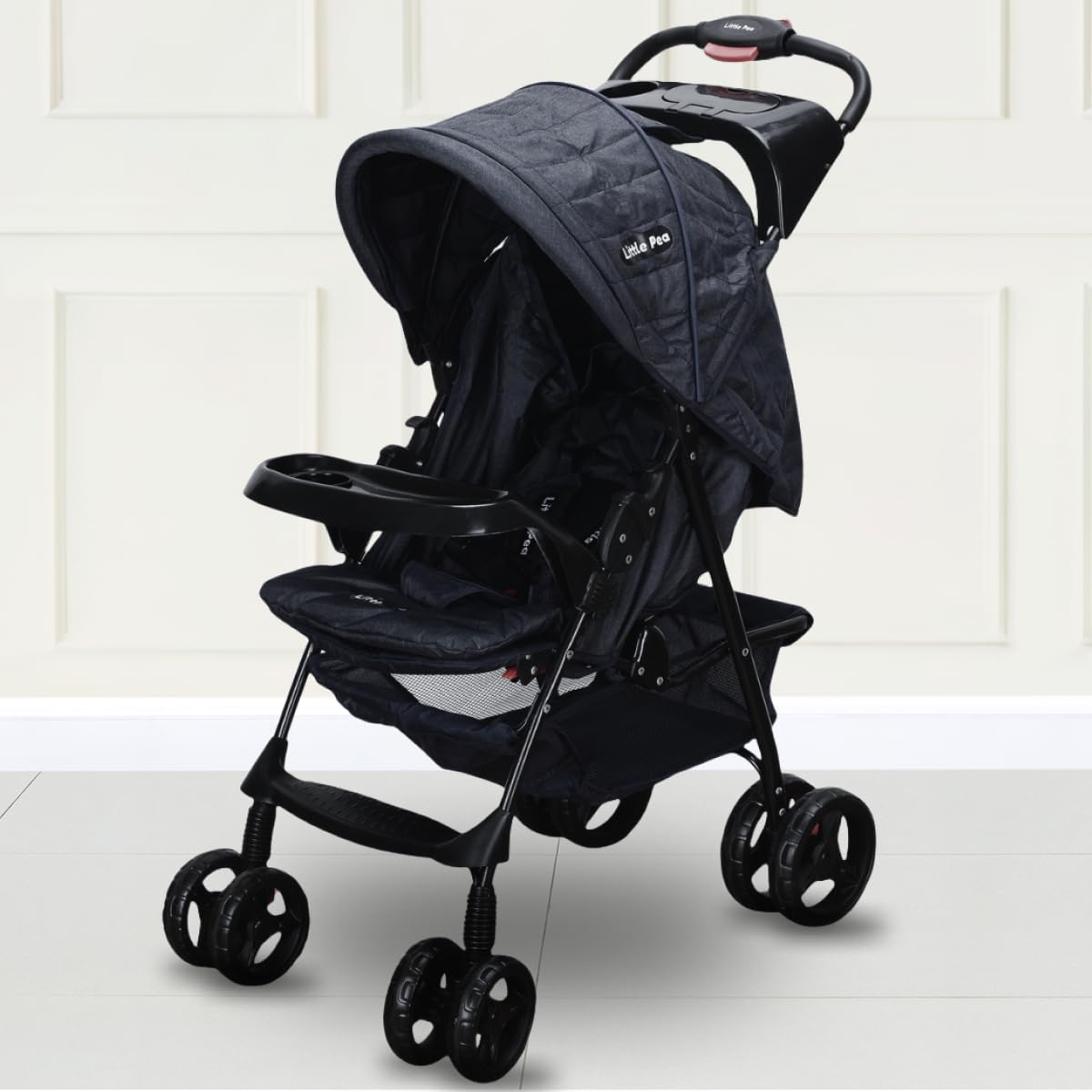 Little Pea Lightweight Baby & Toddler Stroller for Kids with Large Storage Basket and Canopy, Reclining Seat, Child and Parent Trays, One Hand Foldable for Travel - for New Born to 4 Years -Black-image-19