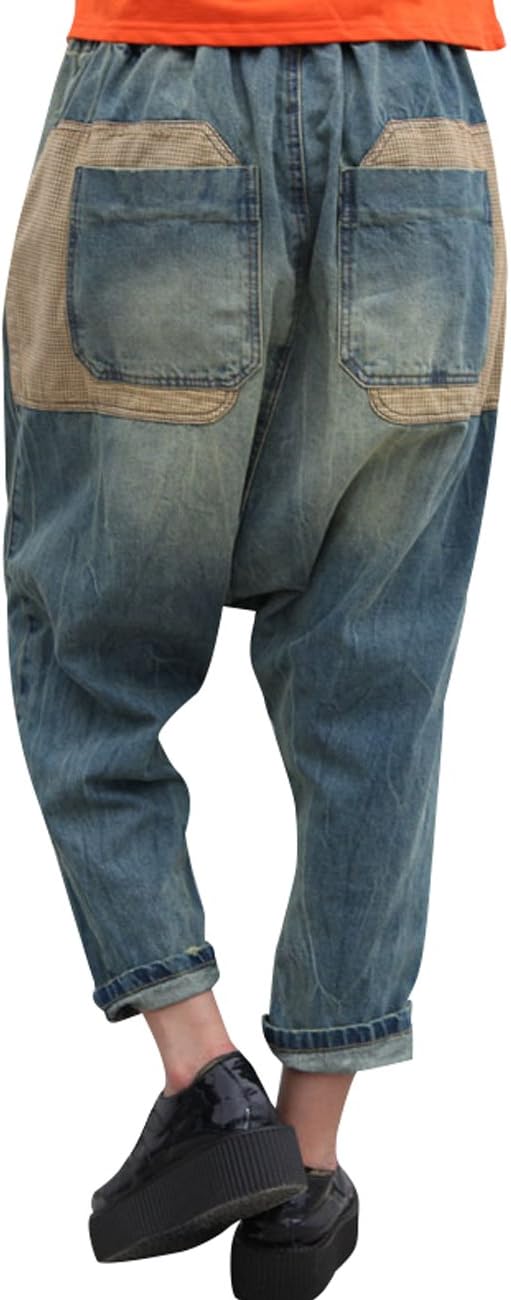 Women's Casual Drop Crotch Trousers Denim Jeans Ripped Harem Jeans