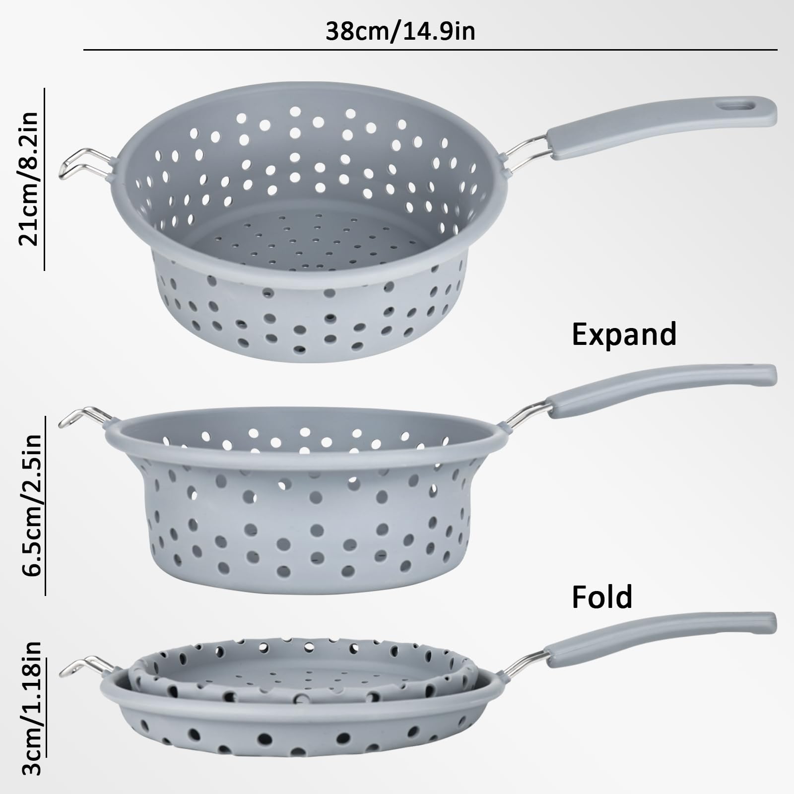 Colador plegable de 21 cm, colador de pasta con asa, colador plegable de silicona, colador multifuncional, resistente al calor, colador de alimentos, para espaguetis, pasta, verduras, frutas