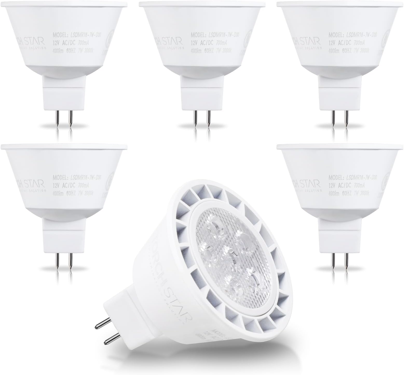 TORCHSTAR MR16 LED Bulb Dimmable, Aluminum, 12V 7W, GU5.3 Bi-Pin Base MR16 LED Spotlight, UL Listed, Spot Light Bulbs for Recessed Track Lighting, 3000K Warm White, Pack of 6