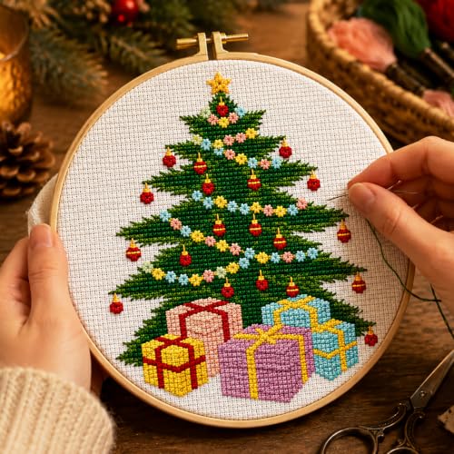 Image of Zhenqing Christmas Tree & Bells Cross Stitch Kit with Hoop - 11CT Pre-Printed 24x24cm Fabric & Complete Tools for Beginners (68321)