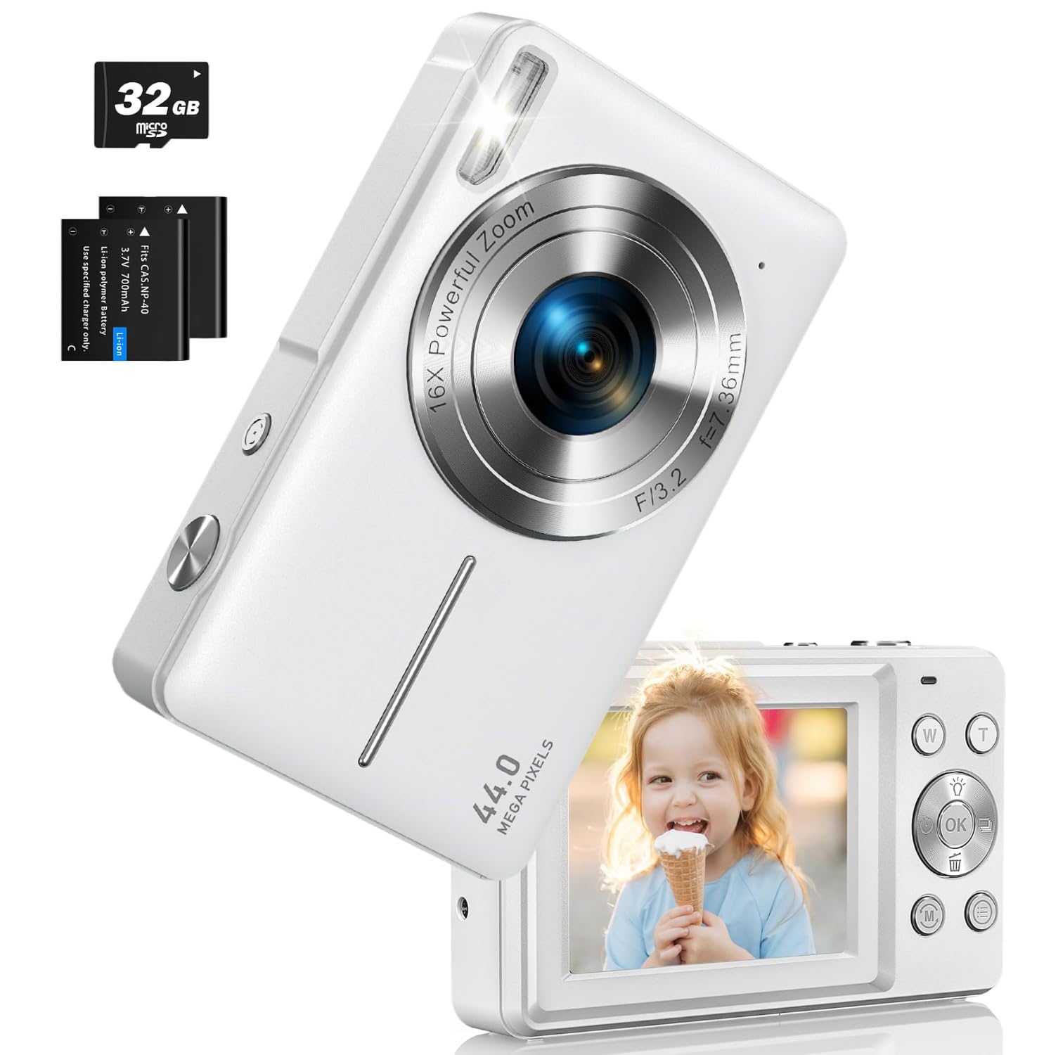 Appareil Photo Numérique, FHD 1080P Autofocus 44MP Appareil Photo Enfant avec Carte 32GB, Zoom 16X, Anti-Shake, ​​2 Batteries, Appareil Photo Compact pour Enfants Adultes ​​Débutants​ (Blanc)